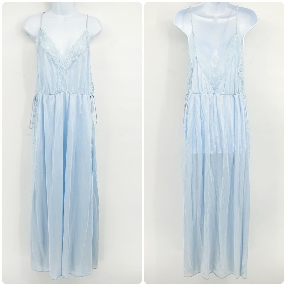 Pandora of California‎ Womens Vintage 70s Blue Lace Trim Coquette Nightgown XL - Picture 1 of 8